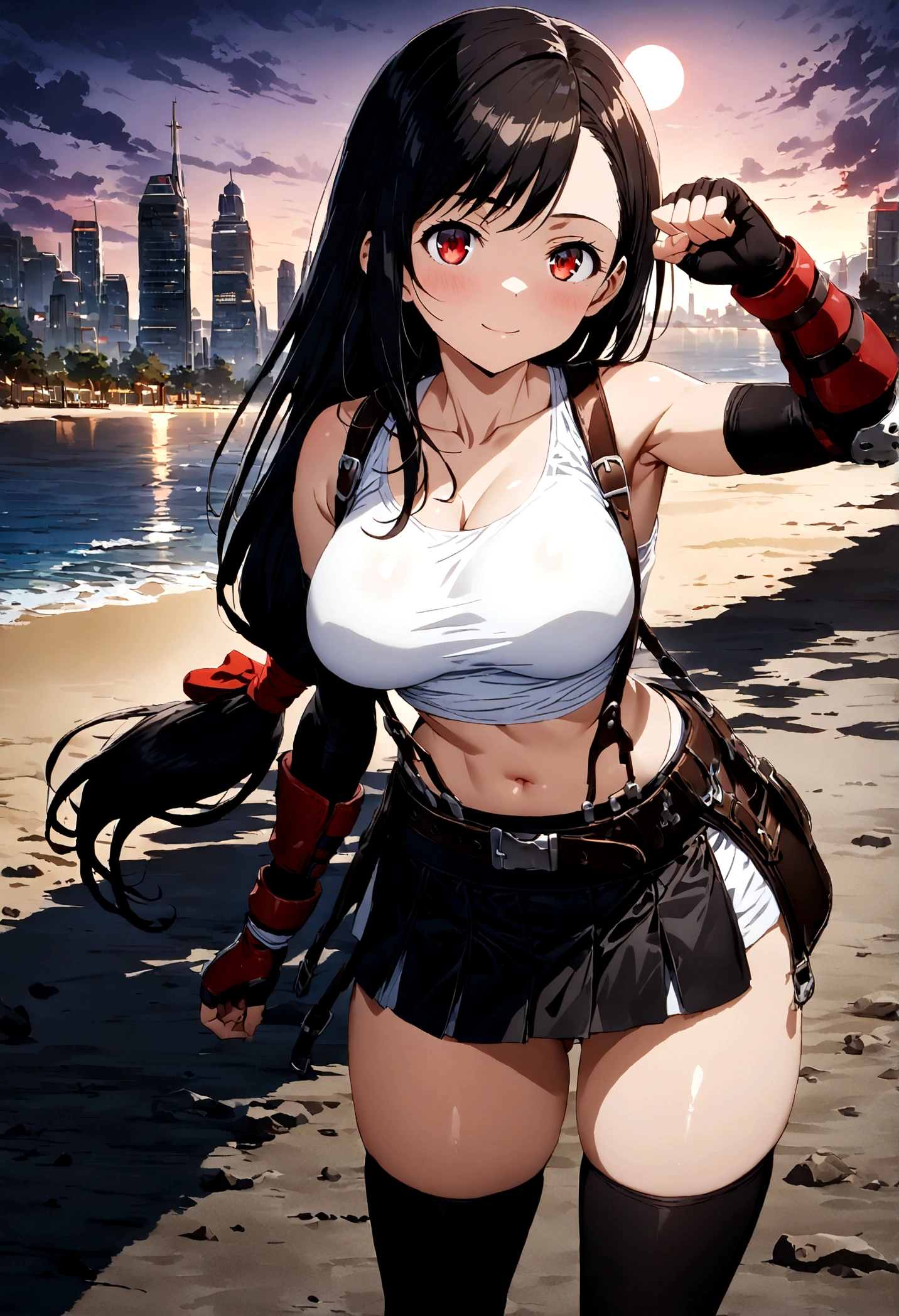 score_9, score_8_up, score_7_up,4k, ,BREAK , from front,from front,breast angle view,breast focus:1.5,standing,straight-on,(arm up,fist),(pantiesshot),(medium shot),looking_at_viewer ,1girl, tifa lockhart, final fantasy, tareme,black hair, low-tied long hair, red eyes, bangs, white tank top, belt, pleated skirt, thighhighs, elbow fingerless gloves, elbow pads, midriff, navel,suspender skirt ,large_breasts,(light smile),Curvy waist ,Solo,,(midnight and beachside and city),Toned,,detailed skin,(best quality),(aesthetic,very aesthetic),masterpiece, highres,4k,(ultra-detailed:1.4) (illustration:0.4), (ray tracing,:0.7),(anime colored:0.7),(ai-generated:0.5), (anime screencap:0.8),megami magazine