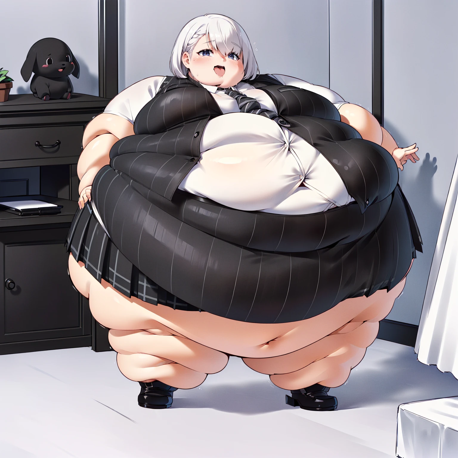 (((baby))), (((little cutie))), (((short stature))), (((White shirt, vest, vest negro, tie, Short skirt, Masterpiece, 4k ))), ((white hair with fringe covering one eye)), ((chubby)), (((Obese))), ((Fat face)), (((big belly))), (((Open mouth))), fat and wide thighs, belly, (((tender pose ))), (((in a room))), detailed background, ((full body image)), (((fat rolls))),