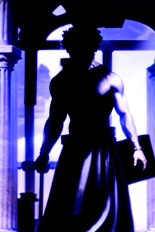A dark landscape image of an ancient greek society deeply connected to stoicism, black and white, ancient greek architecture, include one single big statue of a stereotypical strong greek man, marcus aurelius --ar 16:9
