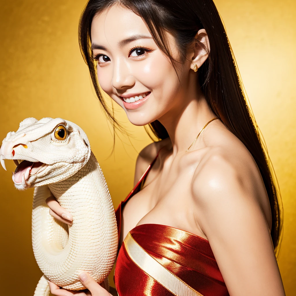  Looking straight ahead and smiling, Holding a large white snake in both hands, Gold Background, Ultra HD、128ｋ、Masterpiece、One Girl、Japanese Model,  clavicle, RAW Photo、Big-eyed girl in a red dress、Long face, Professional Lighting、
