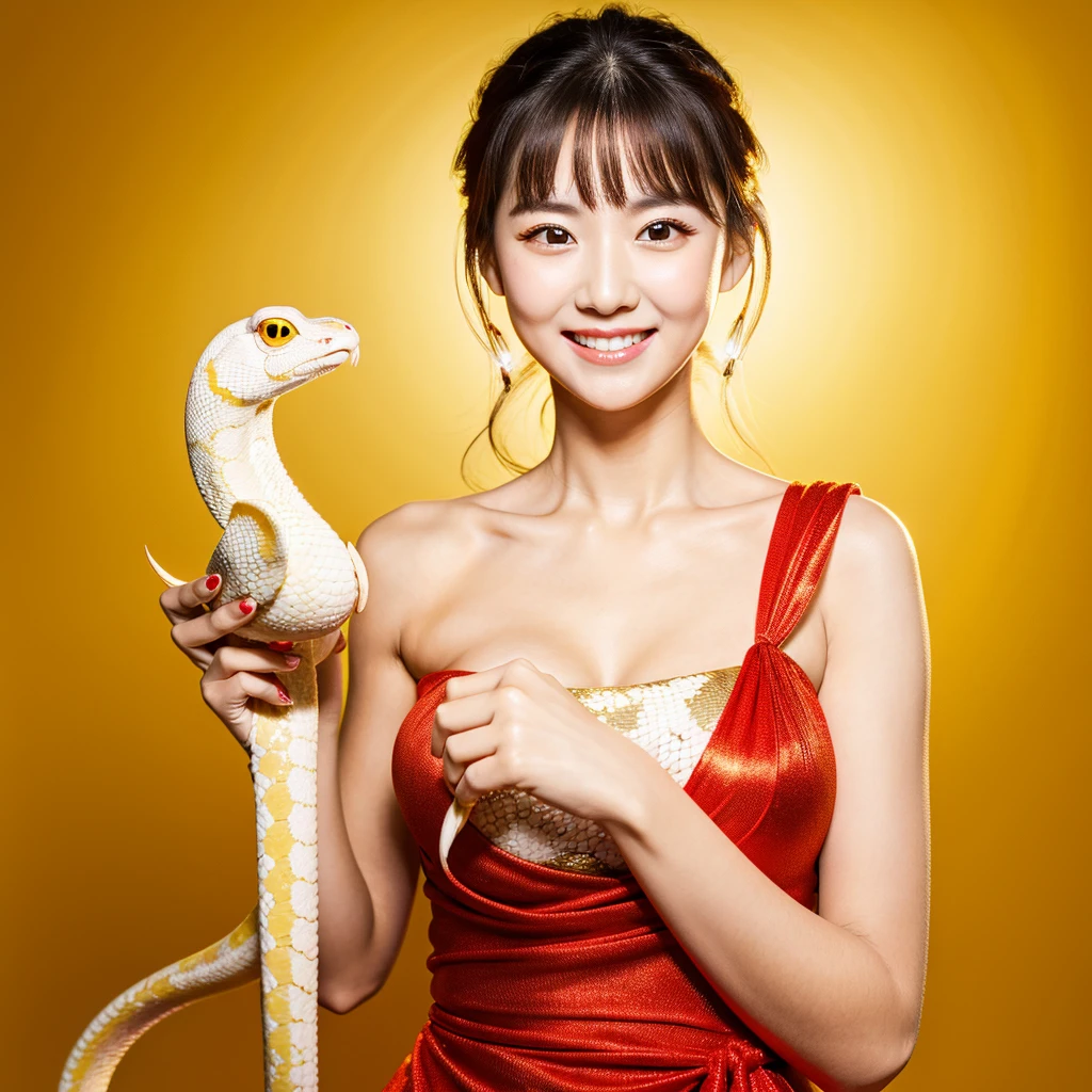 Looking straight ahead and smiling, Holding a large white snake in both hands, Gold Background, Ultra HD、128k、Masterpiece、One Girl、Japanese Model, clavicle, RAW Photo、Big-eyed girl in a red dress、Long face, Professional Lighting、