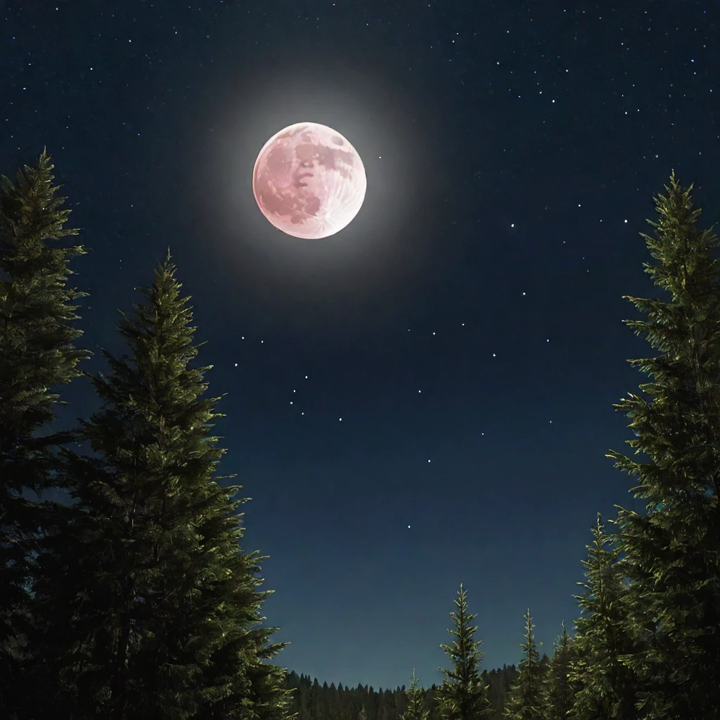 Strawberry Moon, very large display in upper half, dark forest in lower half, star-filled sky