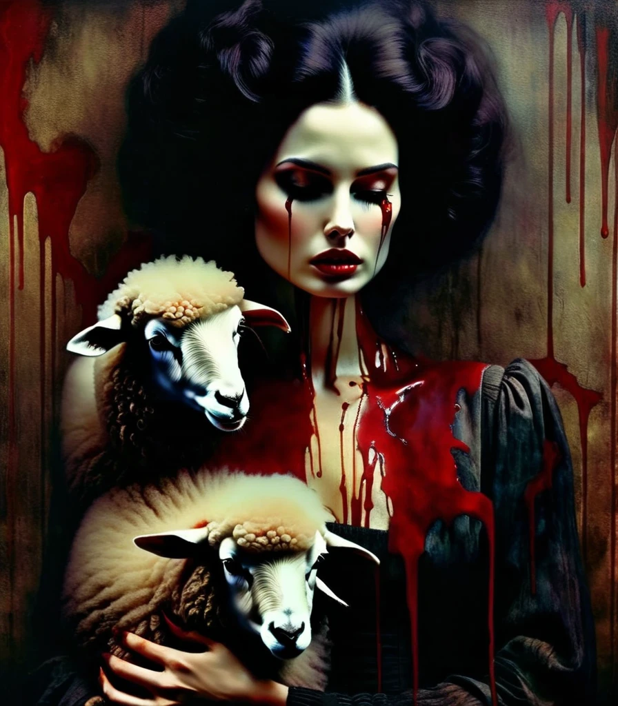 Darksynth aesthetics, vintage background, Woman with sheep features, strange fashion photography, work of art. natta, expression of suffering. bloodstains, human heart,oil painting,