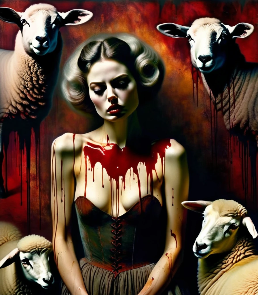 Darksynth aesthetics, vintage background, Woman with sheep features, strange fashion photography, work of art. natta, expression of suffering. bloodstains, human heart,oil painting, 
