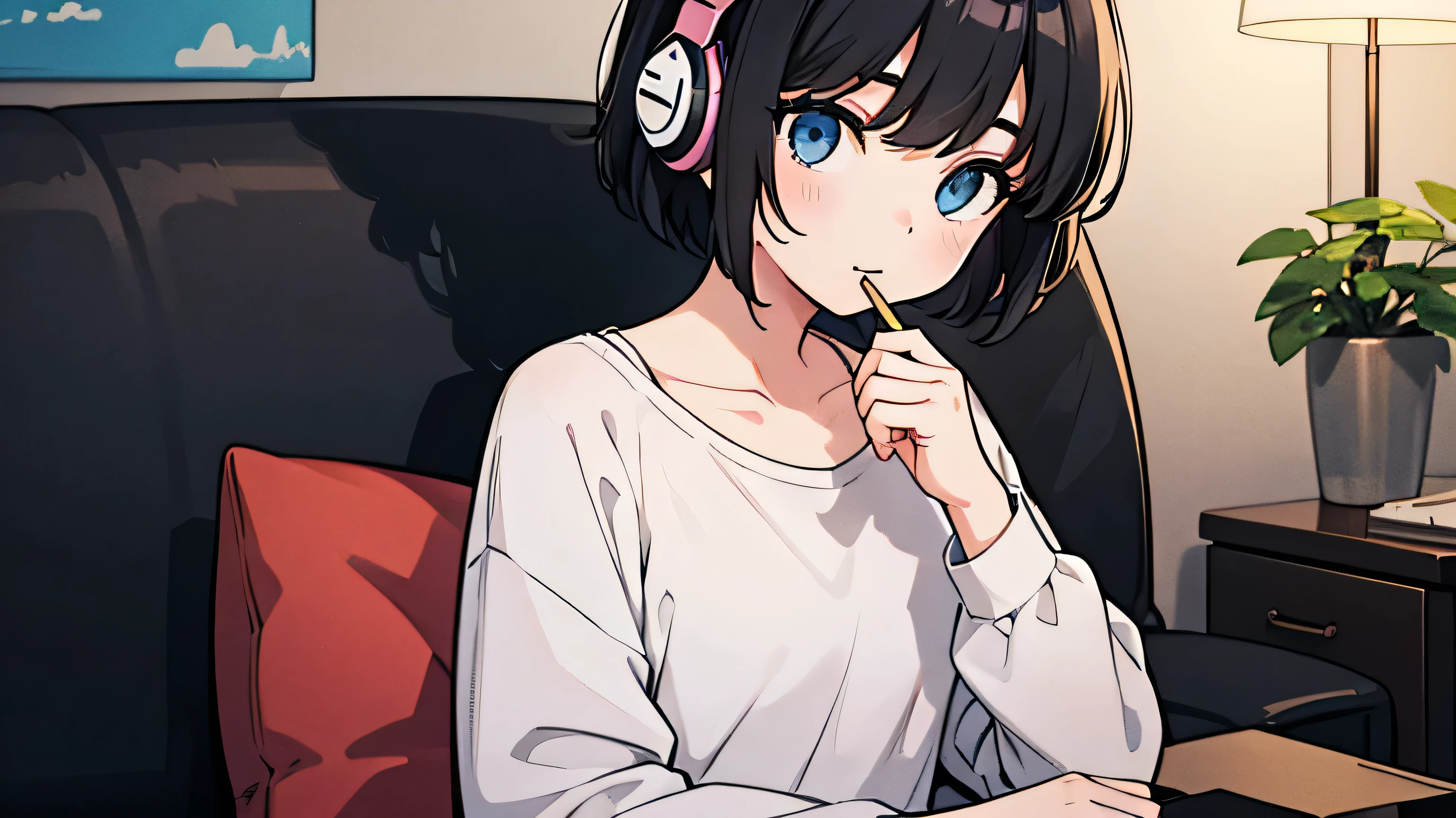 1girl, solo, blue eyes, (detailed eyes), flat chest, short hair, black hair, , black socks, standing, upper body, looking down, ((masterpiece, illustration, best quality)) girl in pajamas sitting on the sofa drinking cocoa and listening to music on headphones、Stay with the cat
