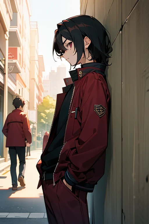 Anime style teenage boys，Medium length, slightly wavy black hair，Wearing a burgundy jacket，Oblique side view。The background is a city street or park，The posture is natural、Relax，Can be standing casually or leaning against a wall。