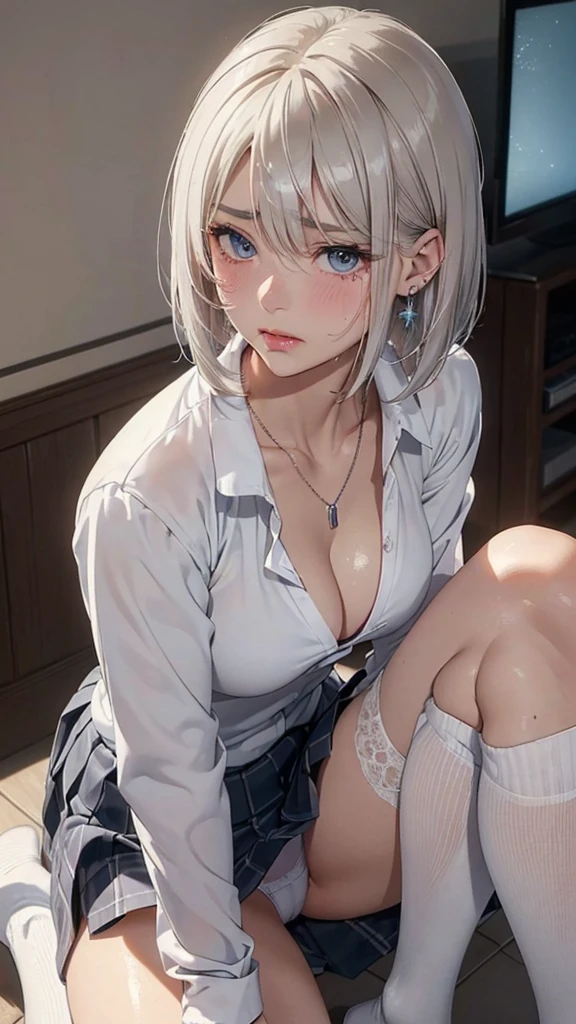 (masterpiece: 1.3), (Maximum resolution: 1.2), (Ultra High Definition TV: 1.2), Cinematic Light, 8K resolution, Detailed facial features , (Sharp focus: 1.2), (Focus on the face:1.2),Perfect Style, Beautiful Face, Acura, Anatomically correct, Highly detailed face and skin texture, Beautiful Eyes,Beautiful Eyes, Thin eyebrows, Glitter Eyeliner: 1 Natural Cheeks, Glowing Skin, Fair skin: 1.2, (Glossy Lips: 1.4),、 (Embarrassed look: 1.2),Highly detailed face and skin texture, Natural Cheeks, , Glossy Lips: 1.4,Perfect Style、Cleavage、Soft Breasts、(White mucus on chest:1.4)(White mucus on thighs:1.2)、 blush、A humiliating look、Anxious expression、A look of humiliation、Embarrassed look、Glare、anger、sorrow、tears、Open your knees、Spread your legs、 White underwear、Sparkly little earrings and necklace、Disheveled clothes、White panties、sweating、Thin underwear、stockings、Year: 18-year-old, A clean-cut woman,1 person、 Upward-facing chest, blonde、Silver Hair、Blue-gray eyes、Greenish-gray eyes、night classroom、(High School Uniform:1.2)、masturbation behavior、Masturbation、short hair、Semi-long hair、