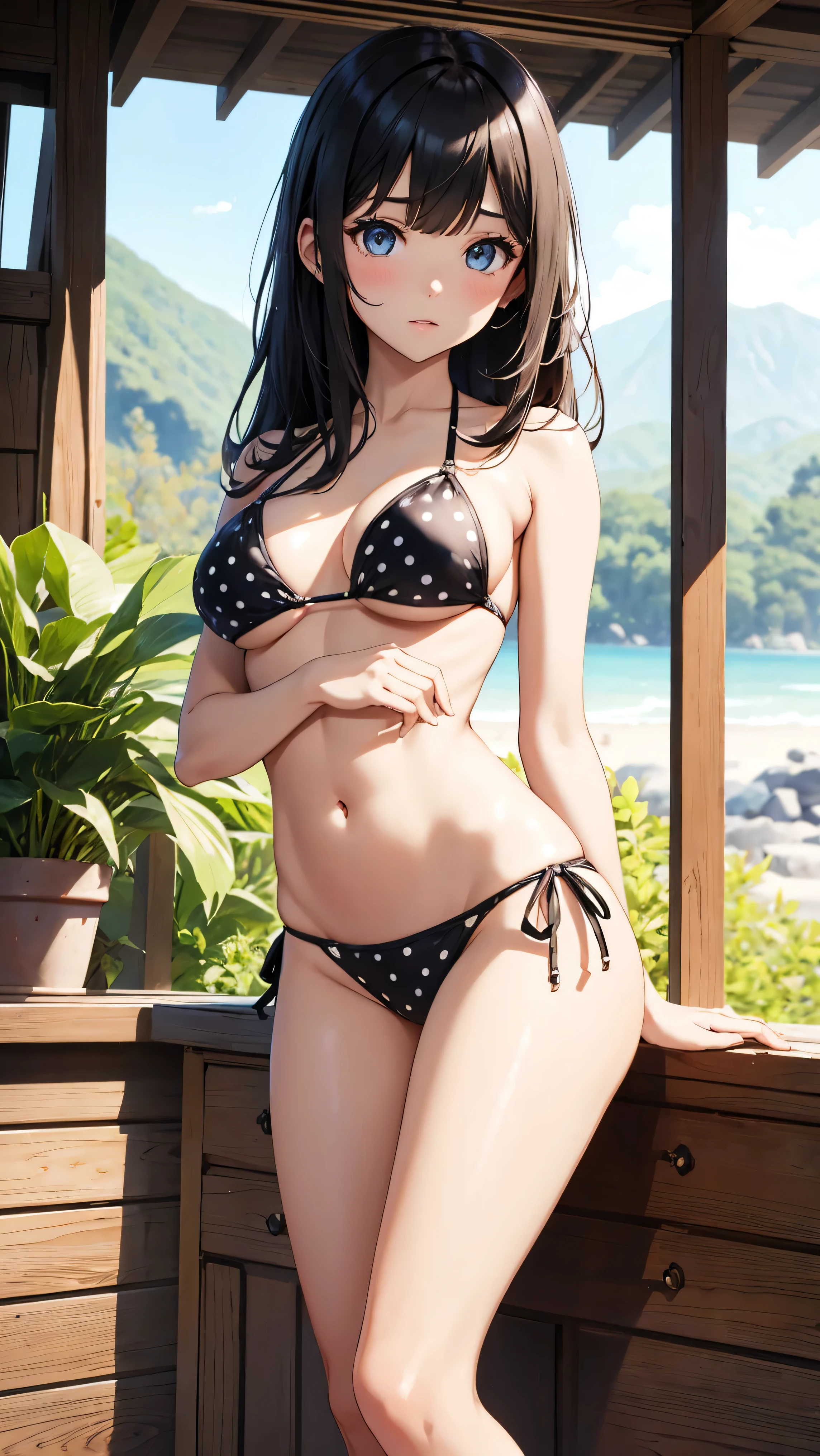 Illustration of a cute bikini model girl, (Anime style:1.2), masutepiece, Best Quality, ultra-detailliert, 4K, absurderes, hight resolution,BREAK,
1girl in, bikini model, Solo, (, face:1.6), Huge eyes with dense details, shiny eyes, Black long straight hair, Blunt bangs, Large breasts, Curve, BREAK,
(Glossy polka dot micro bikini top, cleavage), BREAK,
Autumn Mountains々, Petricular muscle, Lots of weeds, The tree々Sunlight passing between, , (Background blur), BREAK,
Full body, (Pause of bikini models:1.2), from the front side. BREAK,
Black hair, BREAK,slenderbody