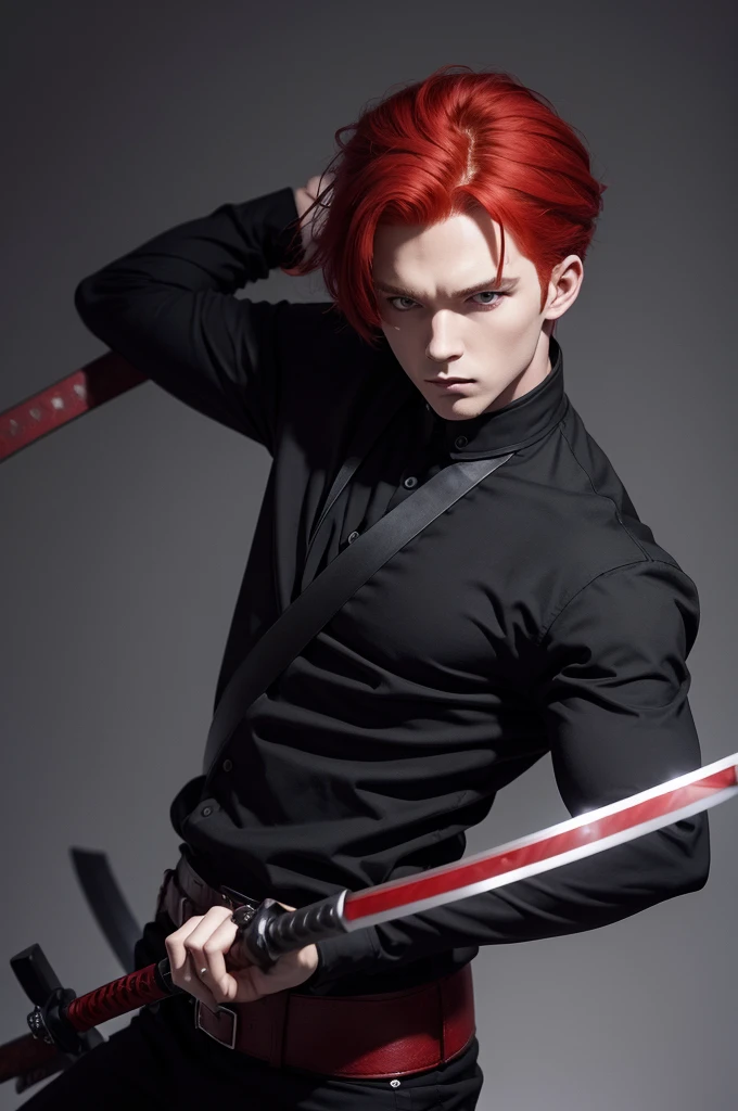 Red-haired boy in black clothes and with a perfect katana