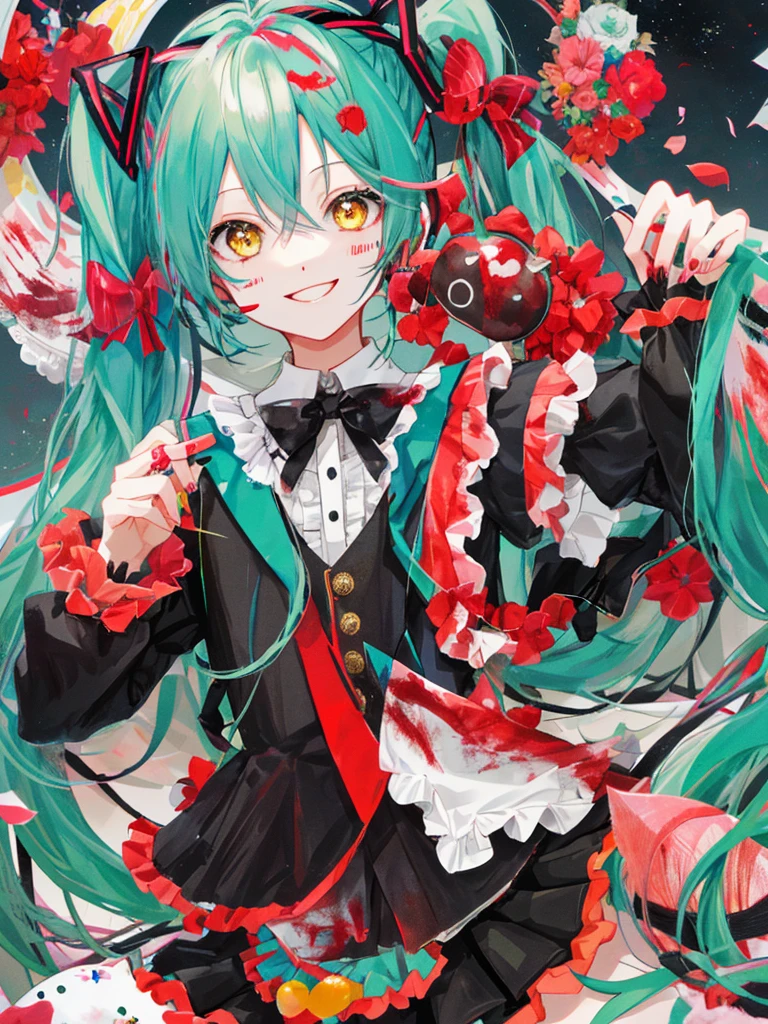 hatsune miku, very cute, blood, smiling, devil, cat ears, yellow eyes