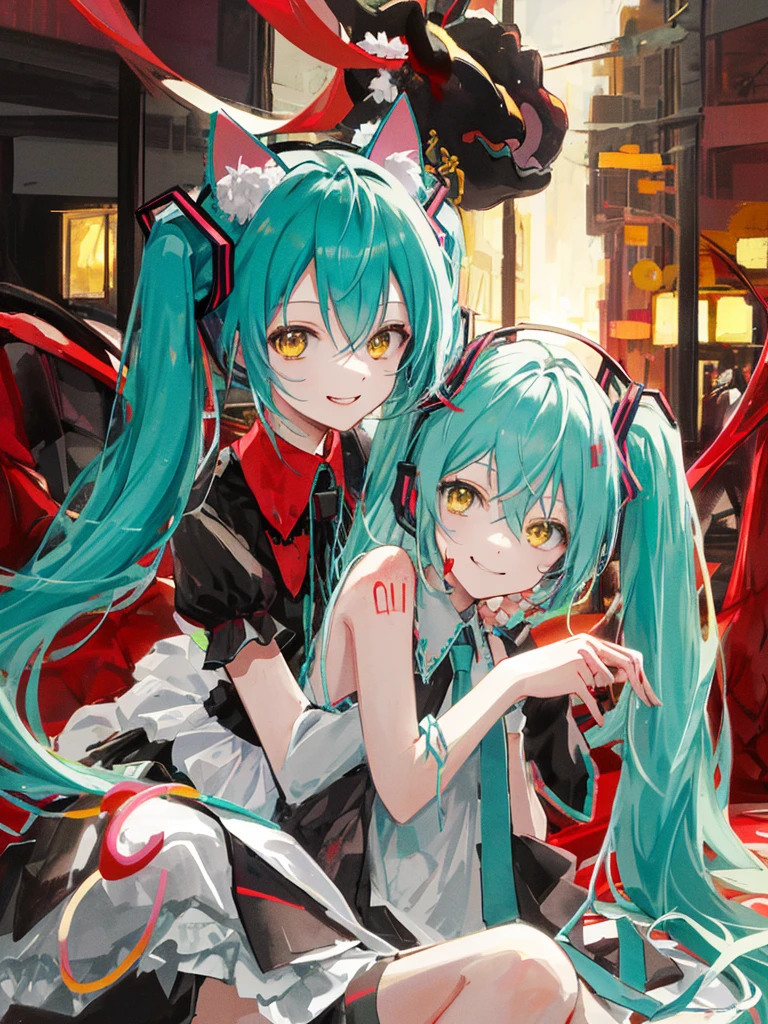 hatsune miku, very cute, blood, smiling, devil, cat ears, yellow eyes