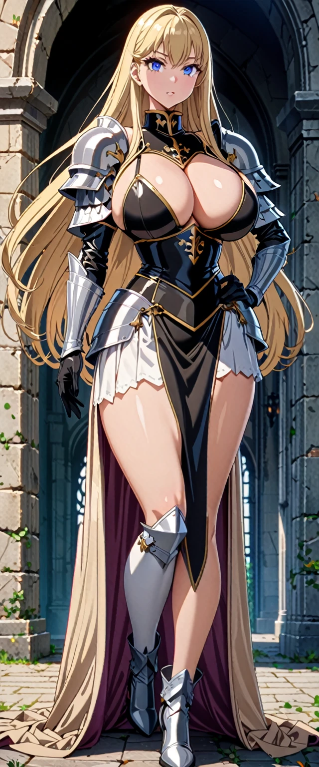 ((masterpiece)), ((high quality)), ((super detailed)), ((high resolution)) ,((8k)), a beautiful woman, ((She is one of the most famous female knight)), unparalleled beauty, ((huge breast)), ((large ass)), ((deep cleavage)), slim waist, chest out, ultra detailed face, perfect skin, (((long blonde straight hair))), blue eyes, detailed eyes, whole body image, (((anime))), ((glamorous)), 21 years old, ((incredibly beautiful woman)), ((The I cup bust)), ((((Bikini-style leather armor)))), ((beautiful breasts)), beautiful legs, 8 life size, anime, the most beautiful and strongest, ((charm)), ((Grown-up face)), ((Perfect fingers)), ((Bewitching)), ((A young heroine)), ((((from below)))),