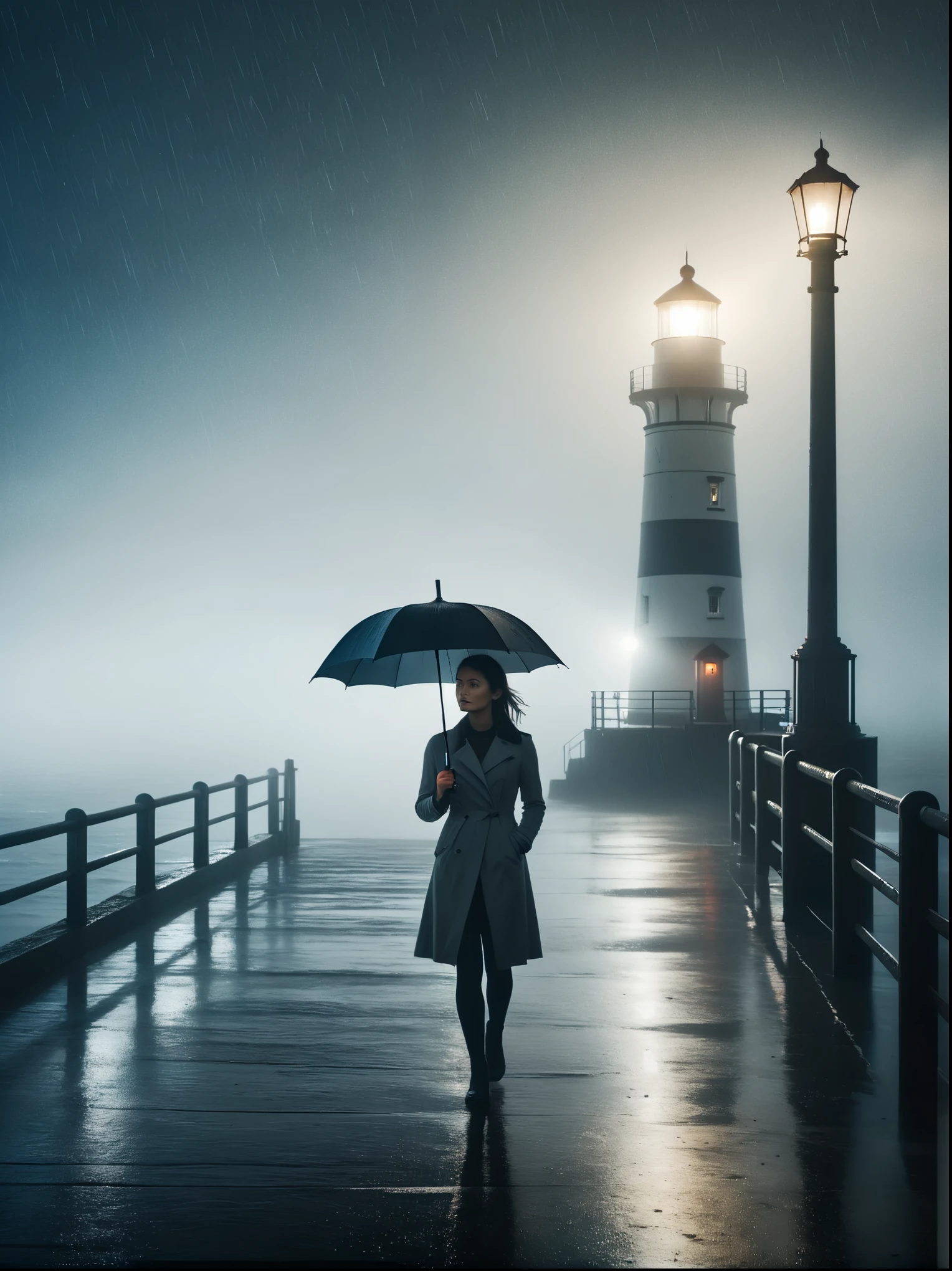 1girl, 独奏, rain, fog, cold, Dull, , pier, bay, lighthouse, seaside, The dim light shines in the fog,and the figure stands in the fog holding an umbrella, (clair obscur, cinematic lighting, drop shadow, film grain, anatomically correct, accurate, award winning, highres, 8K)