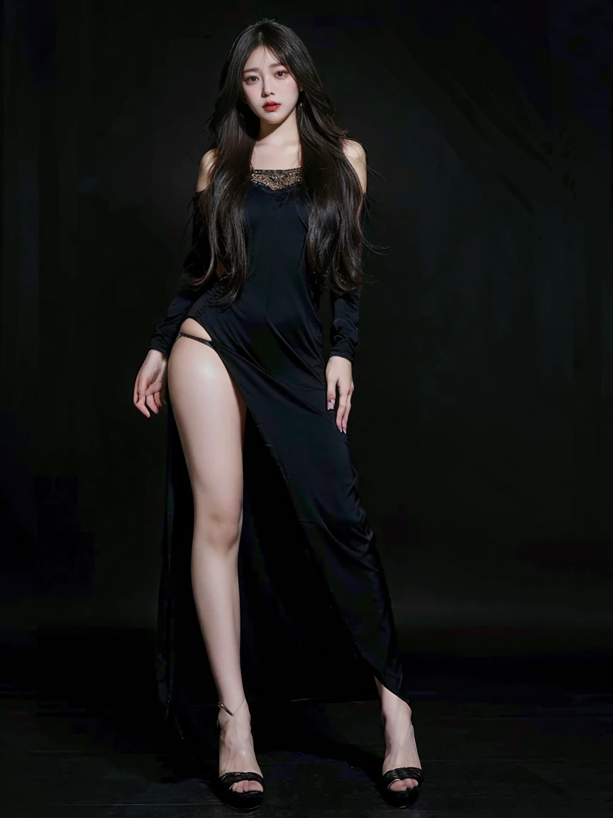 best quality,masterpiece,ultra high resolution,(In fact:1.4),original photo,ultra high definition，8K，There is a woman，goddess，long hair，black long dress，high heel，long legs，confidence, beautiful and generous，temperament