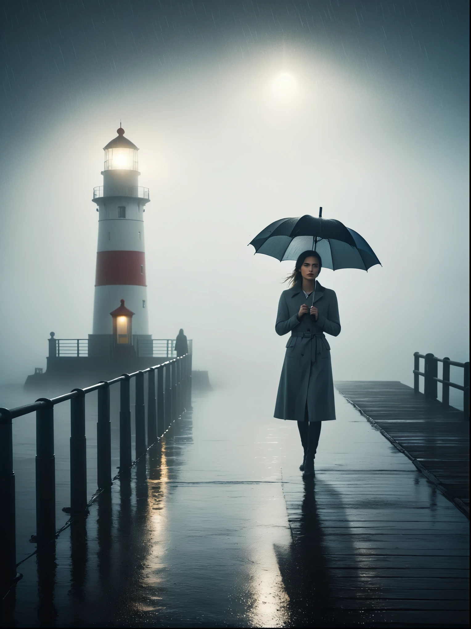 1girl, 独奏, rain, fog, cold, Dull, , pier, bay, lighthouse, seaside, The dim light shines in the fog,and the figure stands in the fog holding an umbrella, (clair obscur, cinematic lighting, drop shadow, film grain, anatomically correct, accurate, award winning, highres, 8K)