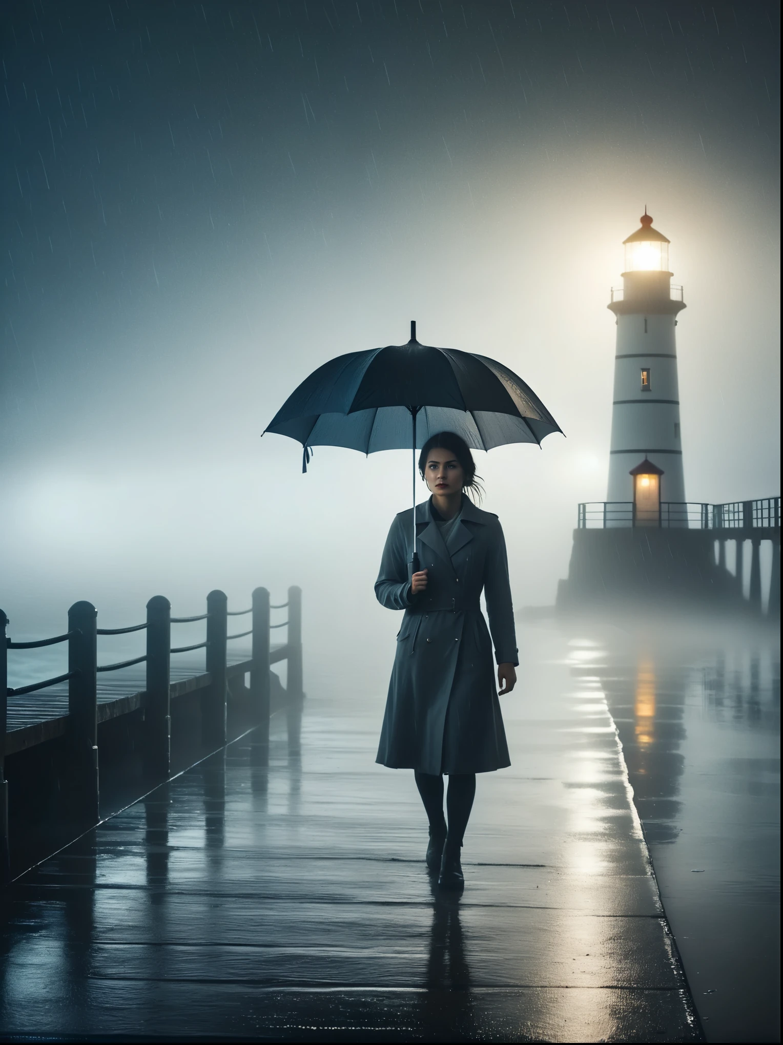 1girl, 独奏, rain, fog, cold, Dull, , pier, bay, lighthouse, seaside, The dim light shines in the fog,and the figure stands in the fog holding an umbrella, (clair obscur, cinematic lighting, drop shadow, film grain, anatomically correct, accurate, award winning, highres, 8K)