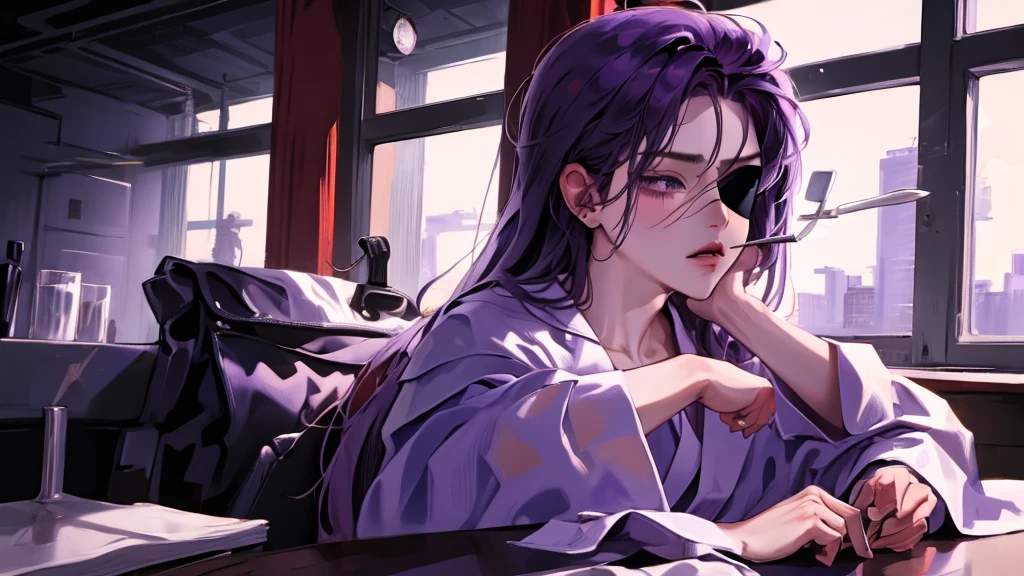 Blindfold, pipe smoke, purple robe, long hair, sitting down on floor