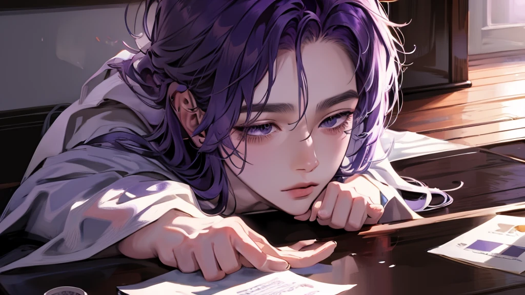 Blindfold, pipe smoke, purple robe, long hair, sitting down on floor