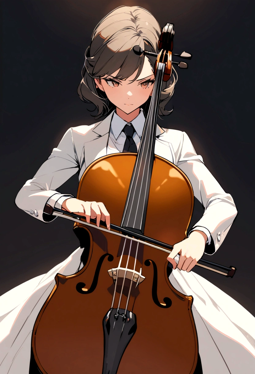 A lovely woman, Business attire, confident stance, playing cello