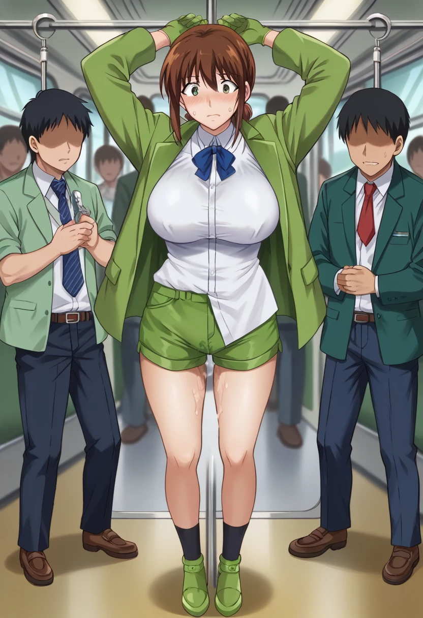 masterpiece, Highest quality, 1 person,( Large Breasts,Are standing, View your audience,),Detailed Background、A person who writes in detail、Accurate human body、Knowledgeable person、Accurate 5 fingers,Mature Woman,Thighsが太い,Cruby Body, konami,,wrist above head,cyclone \(for once\),Long sleeve、Thighs、alone,((green jacket, gloves, green shorts,green footwear)),((zettairyouiki)),,TranT, (train interior), netorare, chikan, grabbing, hetero, pussy juices, molestation, public indecency, public use,faceless male fingering, 2boys, faceless male, assisted exposure,