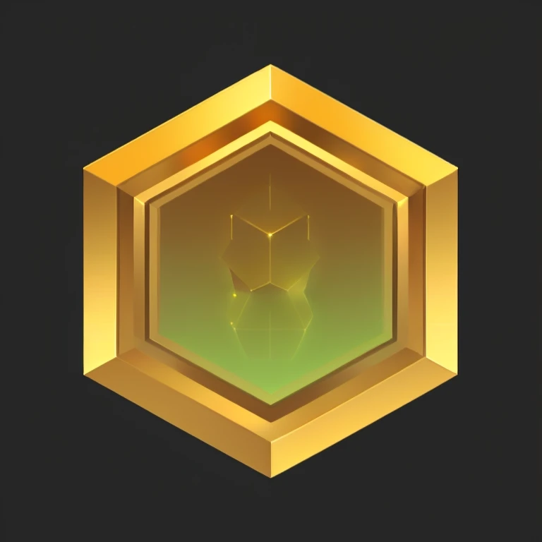 中心为gold的金属物体的特写, Game Icon Assets, gold, gold material, gold poli, Stylized game icons, metallic feel, 3d icons for mobile games, isometric 8k, gold skin, metallic gold skin, 2d shape logo, Hexagon shaped, Game assets, Hexagon, cube