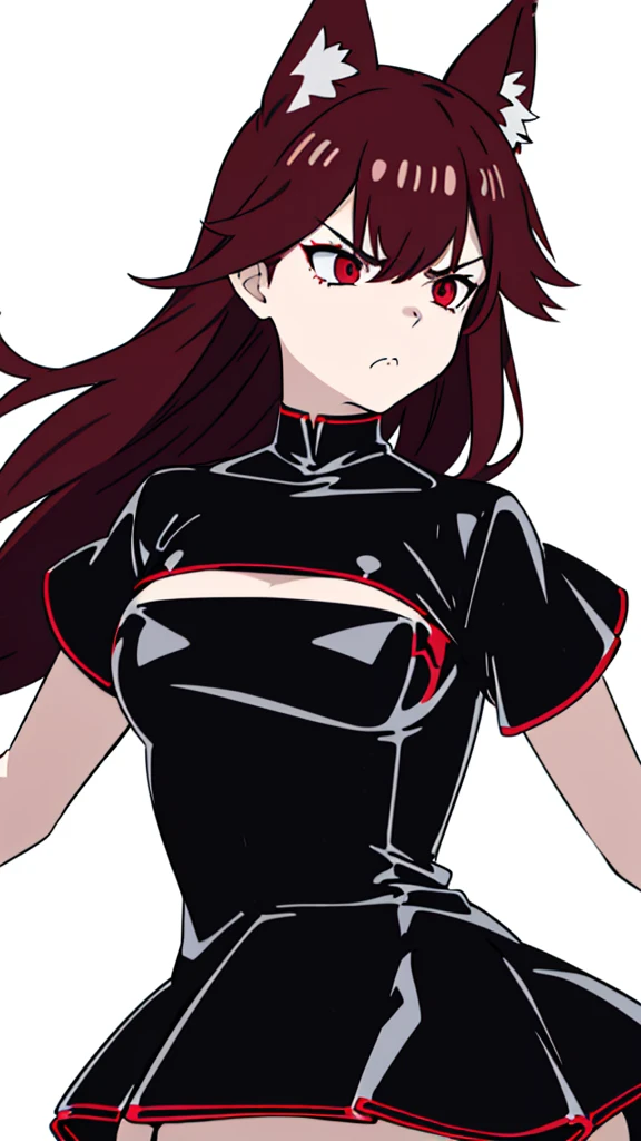 1girl ,20s,angry face,red hair,long hair,fox ears,(white background, line drawing),lat3tch3stcut0ut, black dress, short latex dress, red pasties