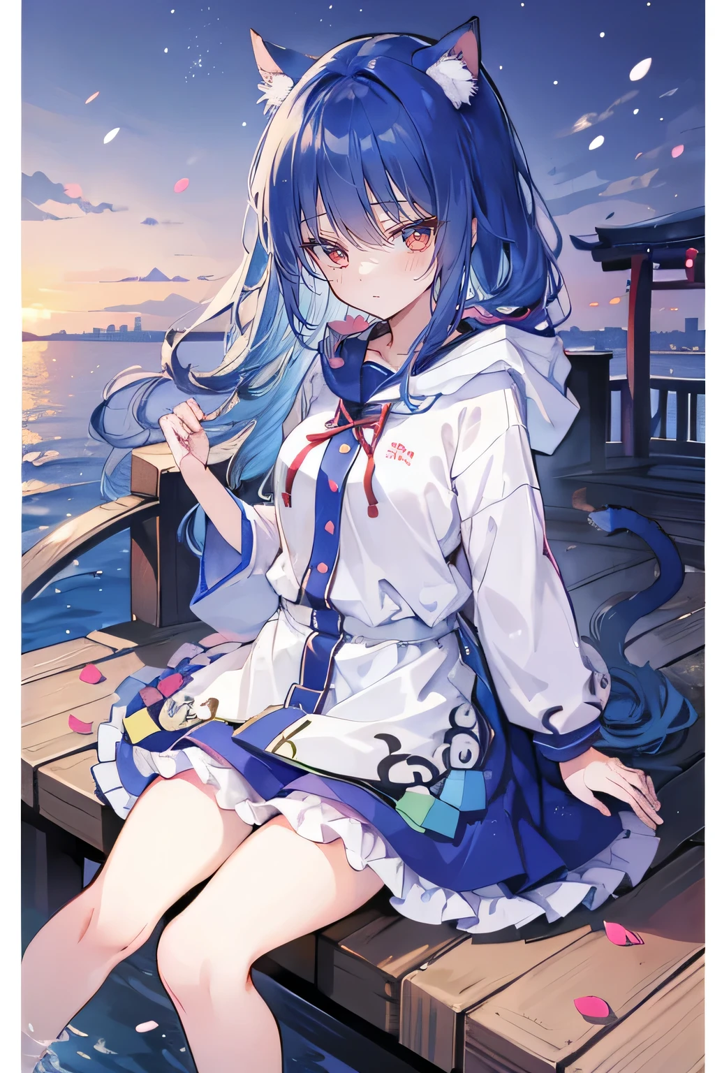 (masterpiece:1.2),Super detailed,lifelike,Expressive eyes,fair skin,perfect face shape,1 girl,
Japanese comics,Gorgeous blue hair,flowing blue hair,flowing clothes,Cat ears,Petals fall,beautiful lola,Baby Angel,sunrise,
Shaking head with one hand,Cross your legs,Gentle and peaceful background,The pavilion is cool and comfortable,smile, wearing hoodie, background of tokyo,back views,snowing, winter,seaside,wet clothes,A smile,A faint smile,。