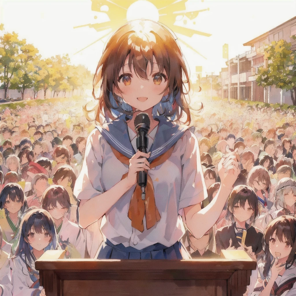 in front of a large crowdマイクに向かって話すアニメの女の子, smile,Kyoto Animation key visual, Kyoto Animation still, Hololive, Visual novel key visual, Visual novel cg, Official Art, Kyoto Animation, Nagatoro, Official Artwork, make a speech, Kyoto Animation anime key visual, in front of a large crowd, in style of Kyoto Animation, Visual novel, Railgun