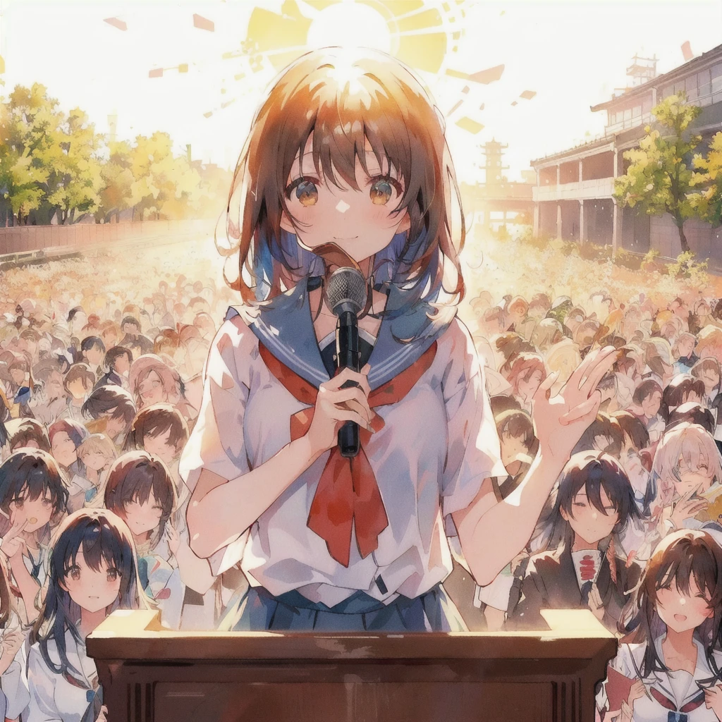 in front of a large crowdマイクに向かって話すアニメの女の子, smile,Kyoto Animation key visual, Kyoto Animation still, Hololive, Visual novel key visual, Visual novel cg, Official Art, Kyoto Animation, Nagatoro, Official Artwork, make a speech, Kyoto Animation anime key visual, in front of a large crowd, in style of Kyoto Animation, Visual novel, Railgun