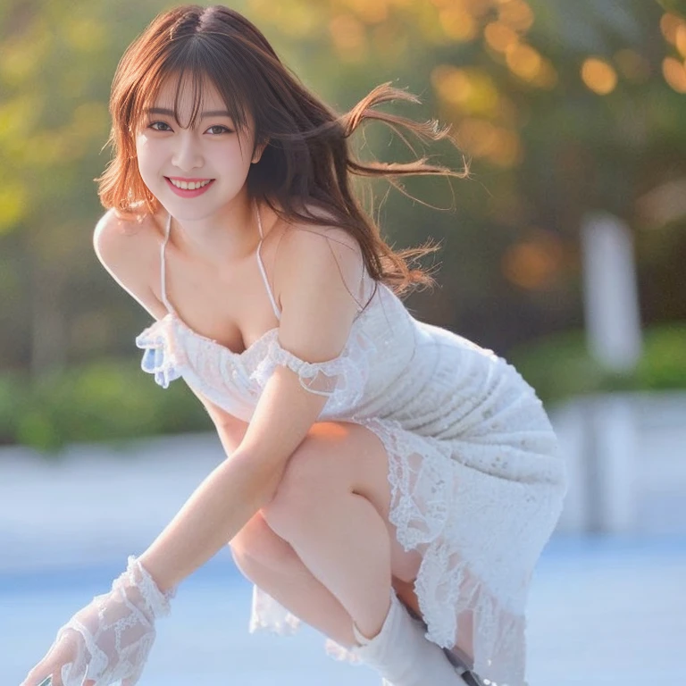 Photo-realistic quality、20-year-old Japanese idol in a white dress performing a figure skating routine, Beautiful Japanese Model,Wearing skates、 Wearing a white leotard,looking at the camera、Detailed and beautiful eyes、Cute smile、A soft and gentle look