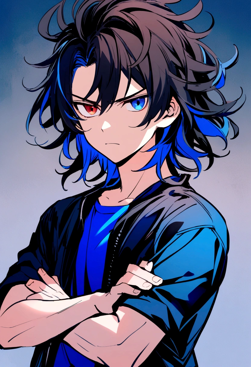  boy, Messy hair, Medium length hair, black hair with blue highlights, dark brown and blue eyes heterochromia, serious face, dark blue shirt short-sleeved loose jacket, crossed arms