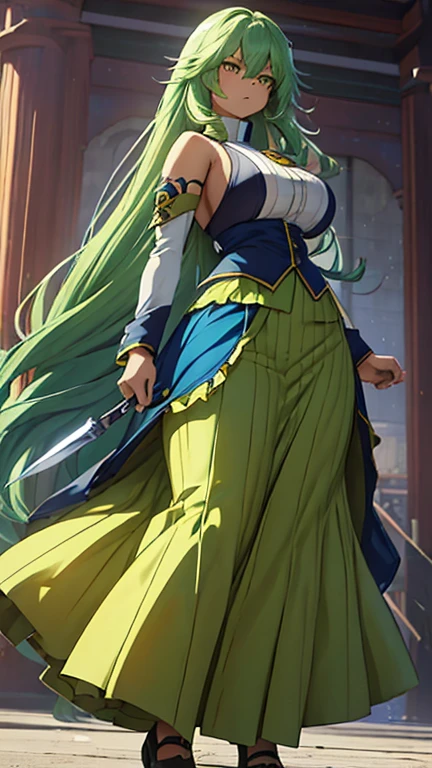 ANIME , high detailed
1 chunky girl, long hair, blue-green hair, yellow eyes, angry face, busty, round buson, gorgeous chunky body, yellow Sattela' clothes, Very large blue Long skirt, large knife in hands, Dynamic action position, action pose