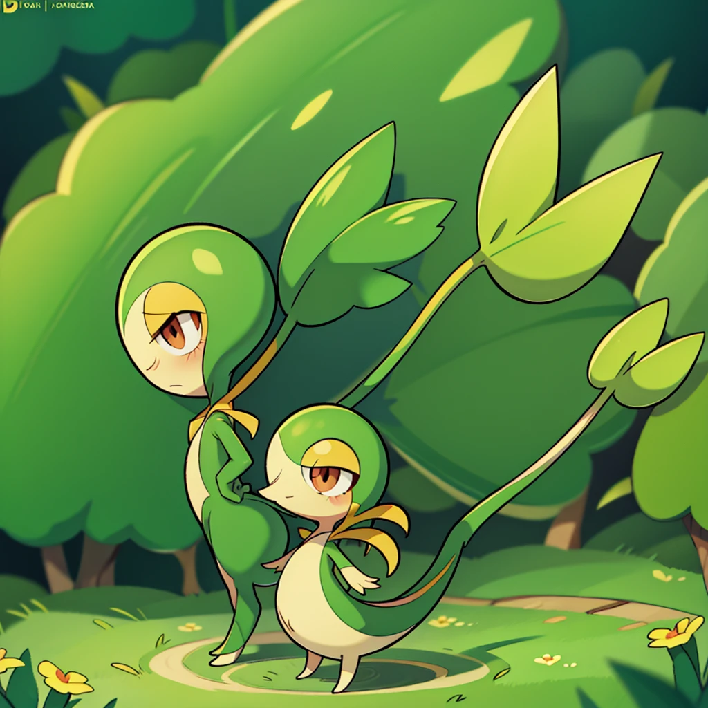 Snivy in a flower field, good lighting, side view, frown, defined tail, pointed snout, beautiful eyes, ancesra art style