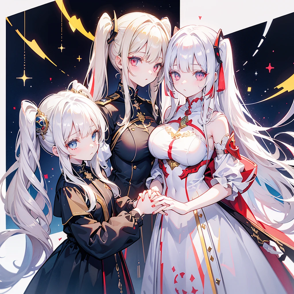 Two girls, one with beige hair and very red eyes, the other with white hair and blue eyes, twin tails, long hair, white background, colorful jewels, light, high quality, holding hands and taking a nap ,mecha musume, Colorful portraits 