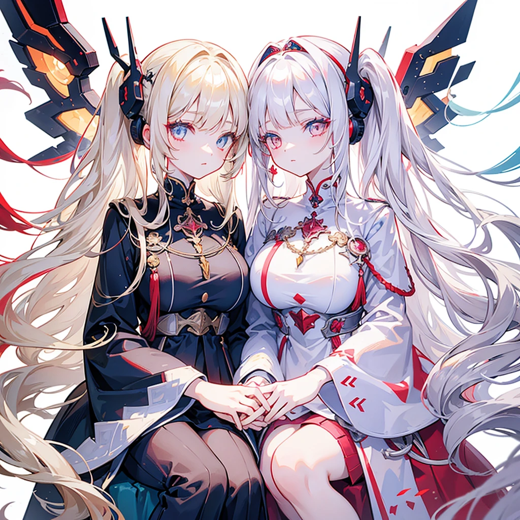 Two girls, one with beige hair and very red eyes, the other with white hair and blue eyes, twin tails, long hair, white background, colorful jewels, light, high quality, holding hands and taking a nap ,mecha musume, Colorful portraits 