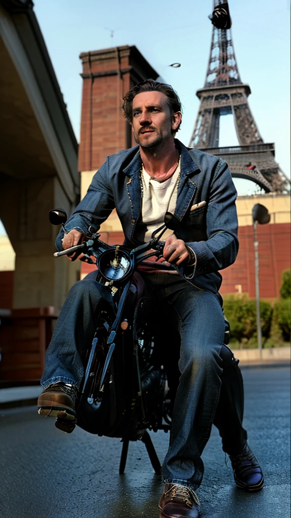 a Candid Photo at 600dpi hyper realistic of a handsome 37-year-old man, comb over hairstylelooking very cool, wearing a jacket with a casual t-shirt, jeans, and shoes. He is sitting riding a Harley Davidson Bobber with a cool yet authoritative expression in a street setting with the Eiffel Tower in the background in France. The camera focuses on the angle for a full body shot. The image is high resolution, 16k, very realistic