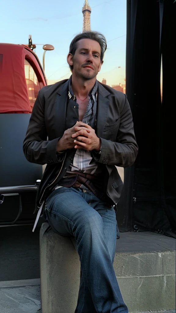 a Candid Photo at 600dpi hyper realistic of a handsome 37-year-old man, comb over hairstylelooking very cool, wearing a jacket with a casual t-shirt, jeans, and shoes. He is sitting riding a Harley Davidson Bobber with a cool yet authoritative expression in a street setting with the Eiffel Tower in the background in France. The camera focuses on the angle for a full body shot. The image is high resolution, 16k, very realistic