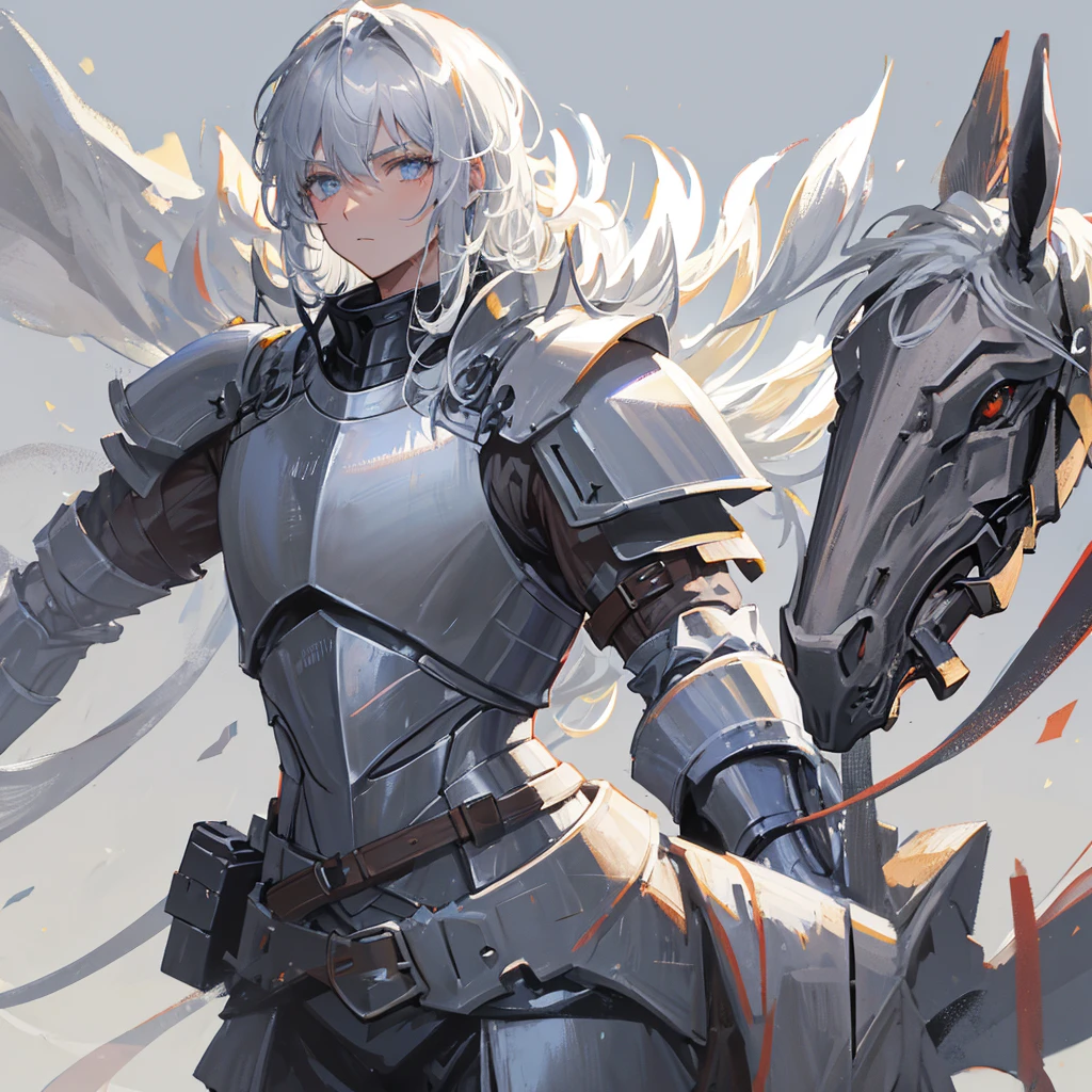 Medieval Cavalry,mighty,divinity,Men with short white hair,Wearing armor,((Plain gray background))