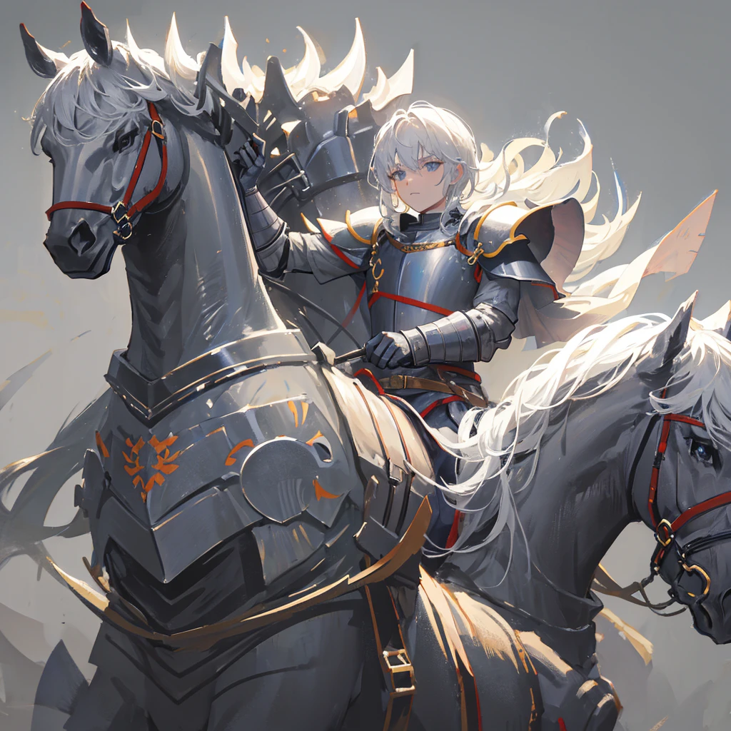 Medieval Cavalry,mighty,divinity,Men with short white hair,Wearing armor,((Plain gray background))
