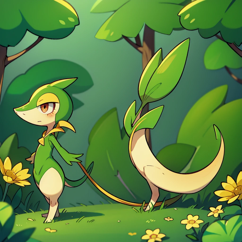 Snivy in a flower field, good lighting, side view, frown, defined tail, pointed snout, beautiful eyes, ancesra art style