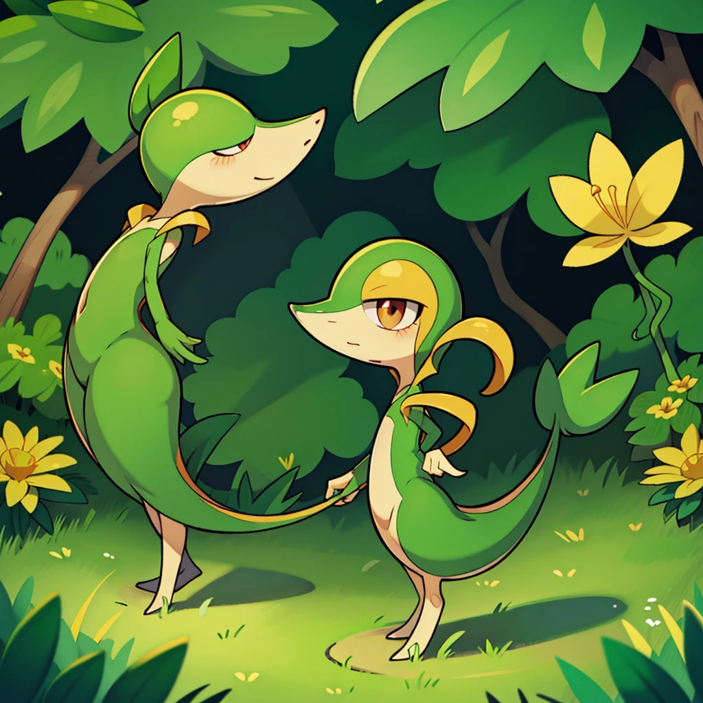 Snivy in a flower field, good lighting, side view, frown, defined tail, pointed snout, beautiful eyes, ancesra art style