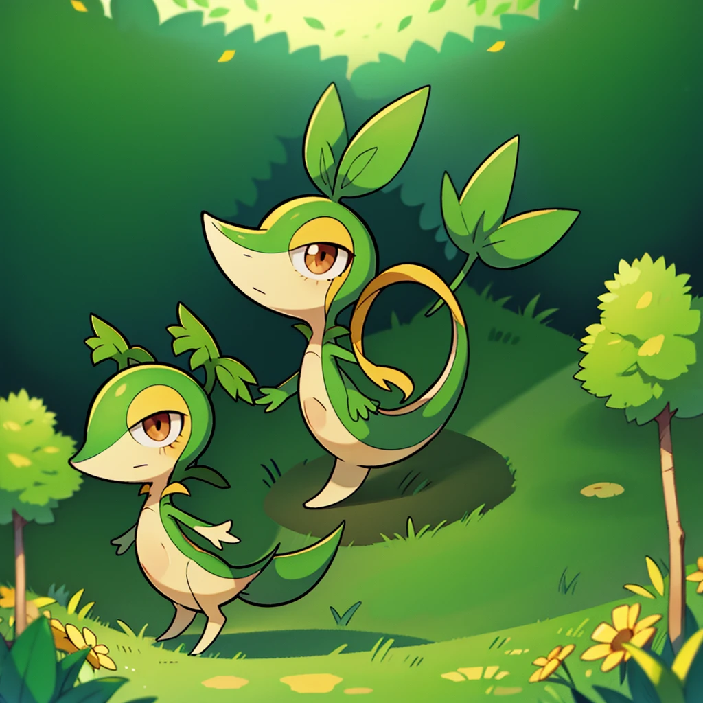 Snivy in a flower field, good lighting, side view, frown, defined tail, pointed snout, beautiful eyes, ancesra art style