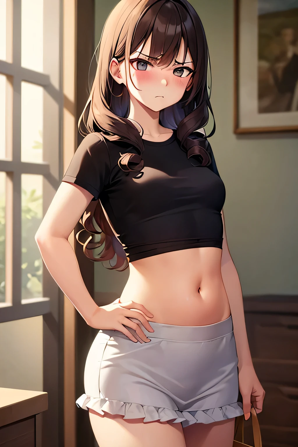 super fine illustration, vibrant colors, masterpiece, sharp focus, best quality, depth of field, cinematic lighting, ultra detailed, blush, annoyed, belly button, hips, 1girl,  looking down, t shirt, short sleeves, frilled skirt, long curly hair, dark brown hair, purse, mature woman, small breasts,