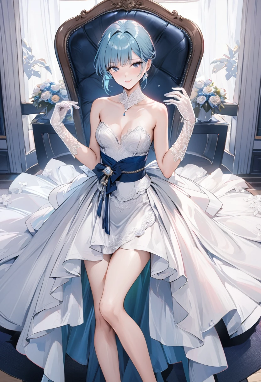 ((Top quality, masterpiece, freak, super resolution)), 1 girl, Japanese model,,Short bomb hair,Long transparent lace gloves,An elegant high-low wedding gown with a strapless sweetheart neckline, featuring a fitted bodice embellished with detailed lace appliqués and subtle beadwork. The bodice is adorned with floral patterns, providing a delicate and romantic look. The skirt is crafted from layers of tulle in a high-low design, which adds volume and movement to the dress. The front of the skirt is designed to show off the bride's legs, while the back extends into a beautiful train. A ribbon sash at the waist highlights the bride's silhouette, making this dress ideal for a bride who desires a mix of traditional elegance and modern flair.