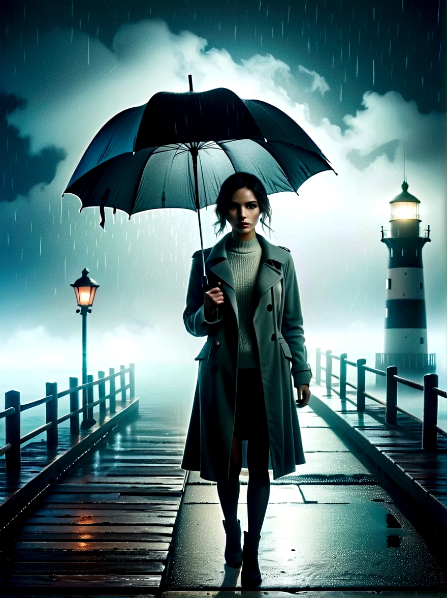 1girl, 独奏, rain, fog, cold, Dull, , pier, bay, lighthouse, seaside, The dim light shines in the fog,and the figure stands in the fog holding an umbrella, (clair obscur, cinematic lighting, drop shadow, film grain, anatomically correct, accurate, award winning, highres, 8K)