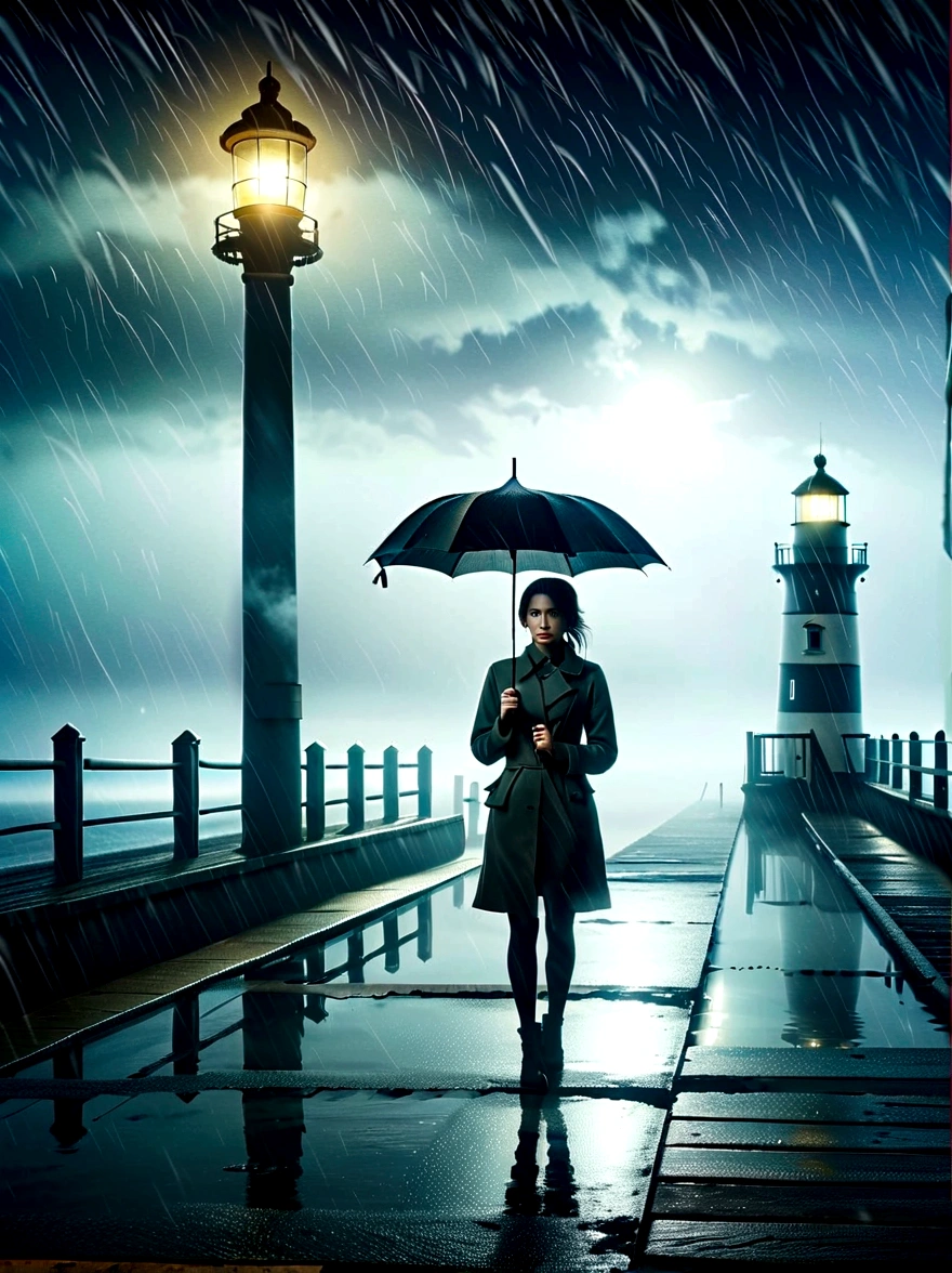 1girl, 独奏, rain, fog, cold, Dull, , pier, bay, lighthouse, seaside, The dim light shines in the fog,and the figure stands in the fog holding an umbrella, (clair obscur, cinematic lighting, drop shadow, film grain, anatomically correct, accurate, award winning, highres, 8K)