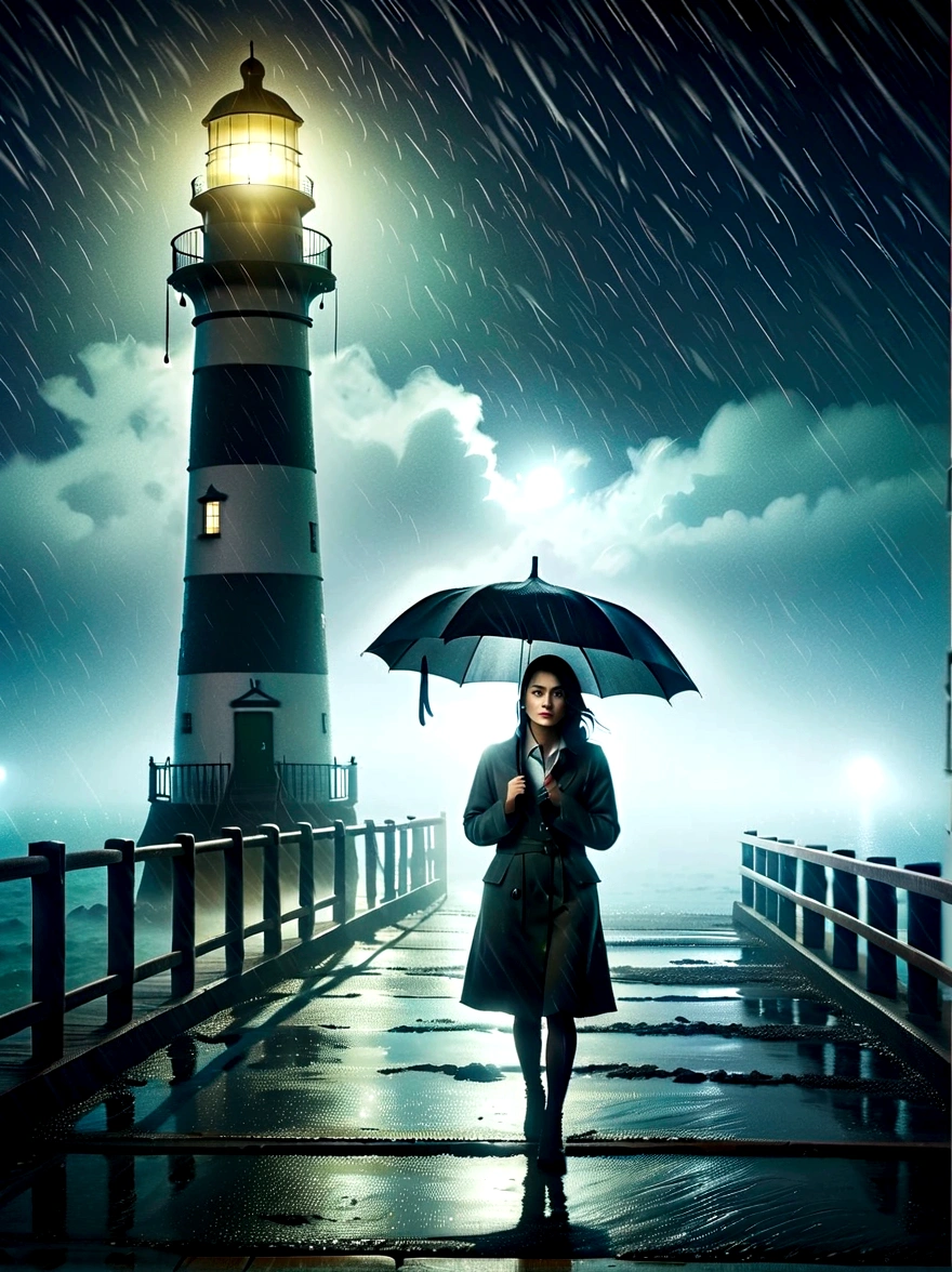 1girl, 独奏, rain, fog, cold, Dull, , pier, bay, lighthouse, seaside, The dim light shines in the fog,and the figure stands in the fog holding an umbrella, (clair obscur, cinematic lighting, drop shadow, film grain, anatomically correct, accurate, award winning, highres, 8K)