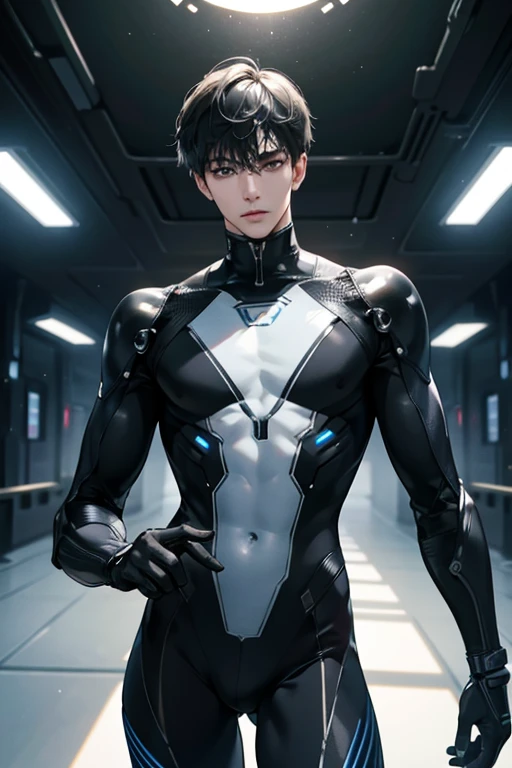 (masterpiece,high resolution,ultra - detailed:1.0),1(boy,robot boy),Perfect male body,Look at the camera,Delicate eyes and delicate face,Extremely detailed CG,Unity 8k wallpaper,Complicated details,solo person,Detailed face, (black futuristic skin tight body suit), (futuristic), (toned body with bulge) color difference, Depth of field,dramatic shadow,Ray tracing,Best quality, hands visible, black gloves,black hair