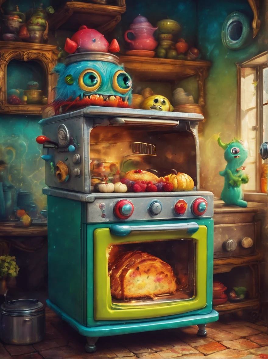 colorful toaster oven monster, Artistically expressed, style:By Alexander Jansson, Stunningly beautiful work, The characters and elements of the landscape fit perfectly within the image frame, Detailed realization, Define high quality, Expressive Face, Sharp eyes,(background:ghost house kitchen),masterpiece,Cute Monster