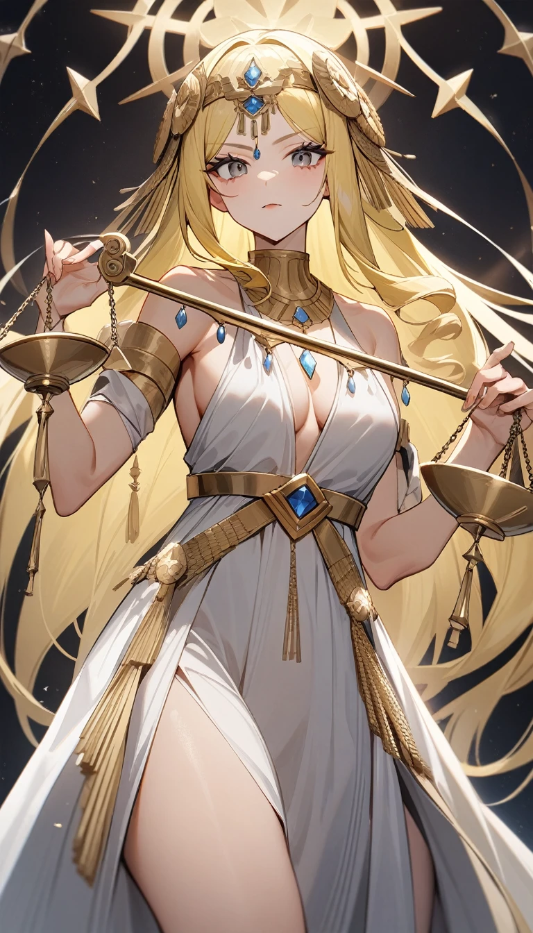 (Huang Li、high quality、Extremely detailed),Constellation - Libra goddess,Huge Libra,Woman holding a scale,Similar to Latin goodness,brave,capricious,Productivity,The face of enterprising and humanitarianism,Long yellow hair,Ancient Greek costumes、Wrap Dress,Conservative clothing,The background is the universe,Crystal black eyes(Eyes Details),Powerful appearance,Correct finger,Correct anatomy